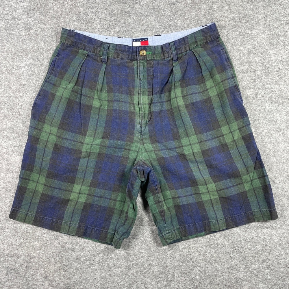Vintage 90s Tommy Hilfiger Shorts Mens 32 Green Blue Black Watch Plaid Pleated